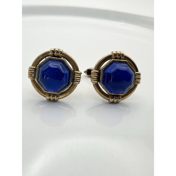 Vintage Blue Glass Cabochon Gold Plated Cuff Links by Hadley - Picture 1 of 6
